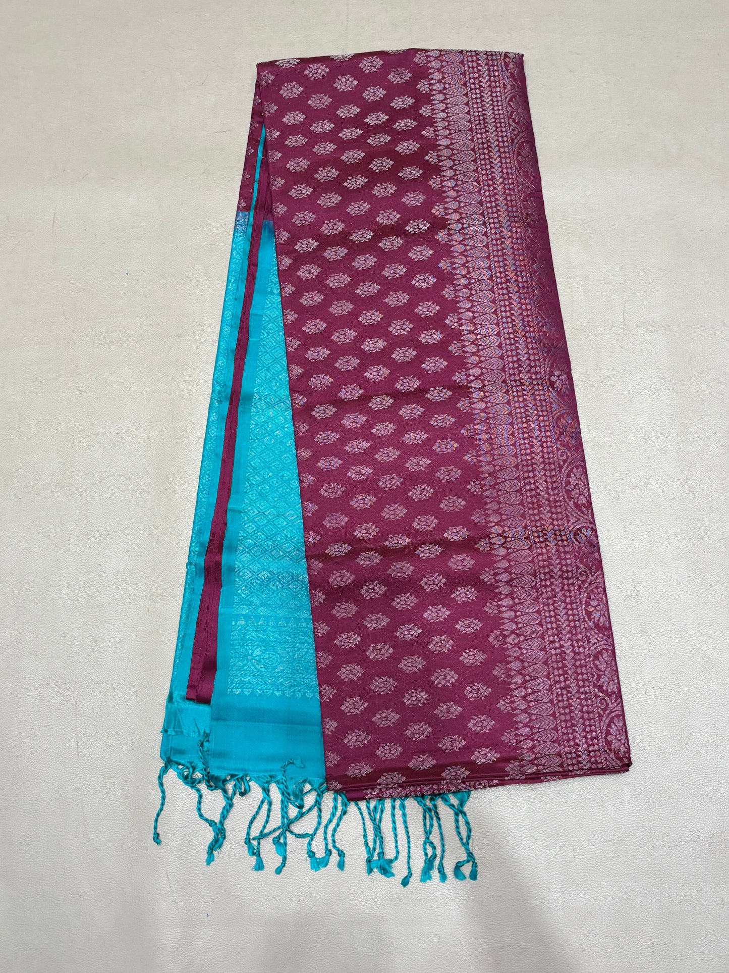Vairam wine & teal blue bridal brocade softsilk saree - Pure silk saree