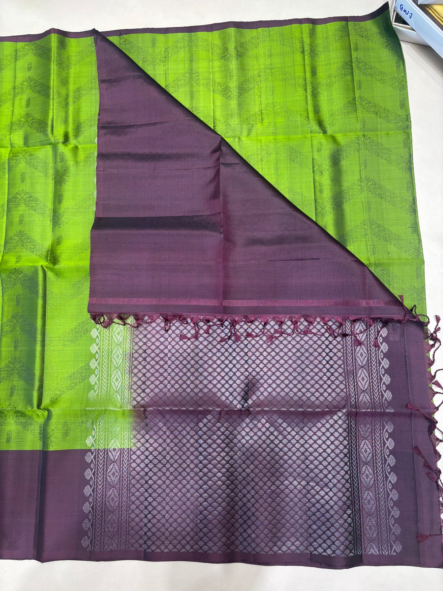 Darika green softsilk saree with embose design - Pure silk saree-AK1106