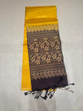 Ponvalli yellow & coffee brown handloom softsilk saree - Pure silk saree