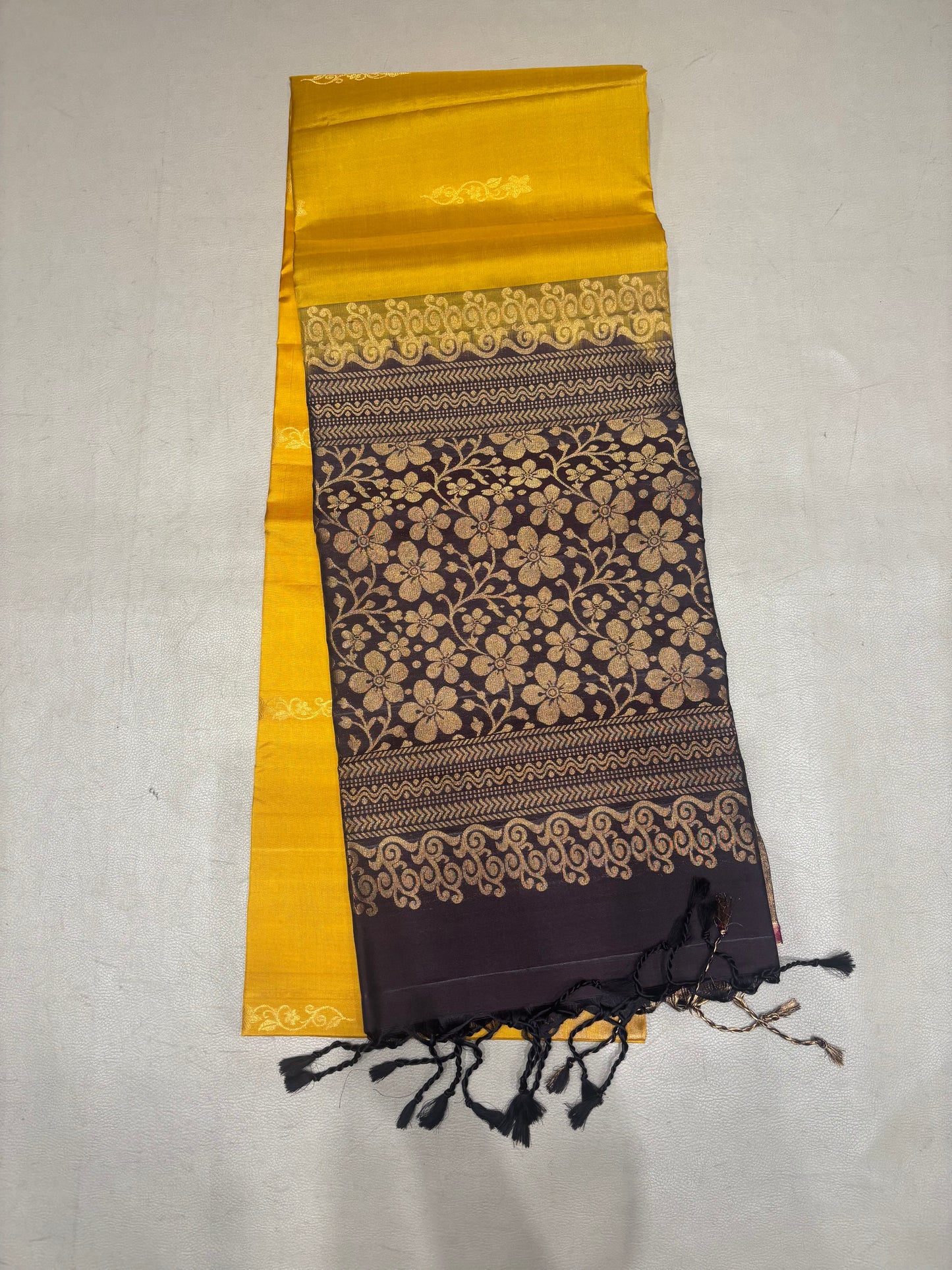 Ponvalli yellow & coffee brown handloom softsilk saree - Pure silk saree