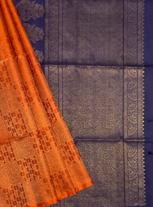 Inbam - Orange color body & Navy blue color pallu, blouse pure silk saree