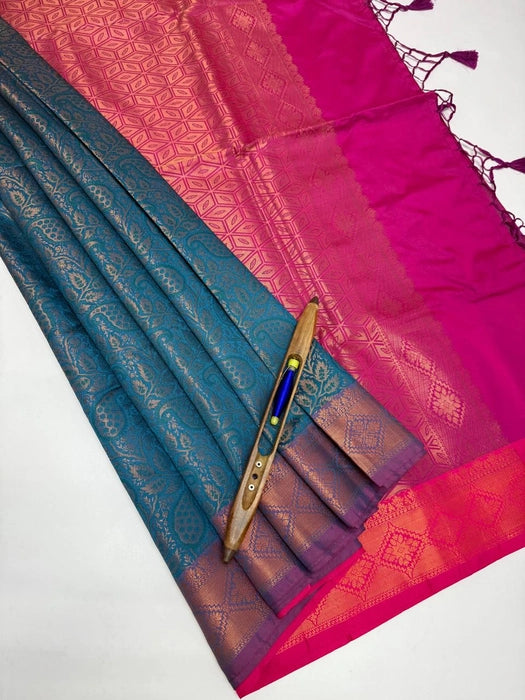 Raavi art silk saree - peacock green color body & magenta color pallu , blouse.