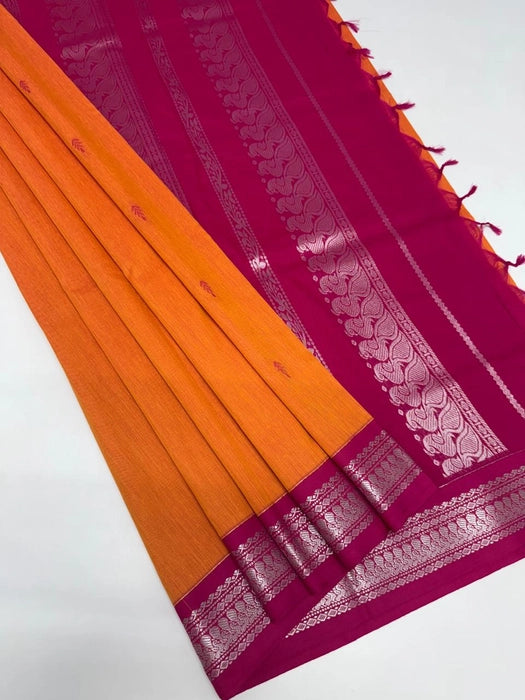 Rosh cotton saree - light orange color body & rani pink color pallu,blouse.