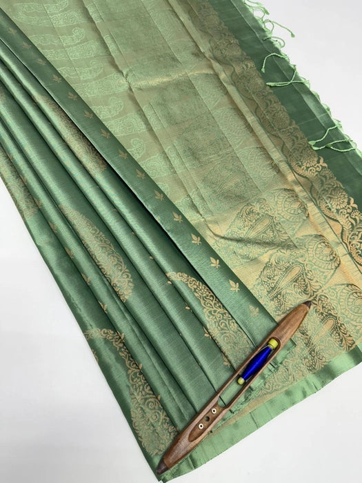 Panimalar pastel green color body,pallu,blouse - Pure silk saree