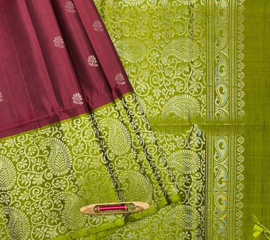 Ish beetroot red color body & lime green color pallu , blouse - Pure silk saree