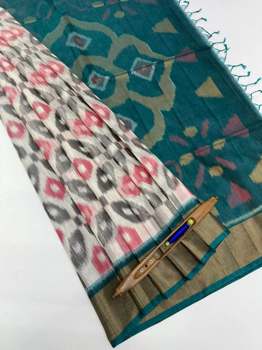Vennila pochampally silk cotton saree - white color body & peacock blue color pallu , blouse.