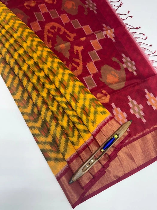 Thaen pochampally silk cotton saree - mango yellow color body & red color pallu , blouse.