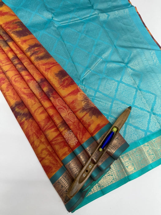Ponkavi reddish yellow color body & sea blue color pallu , blouse - Pure silk saree