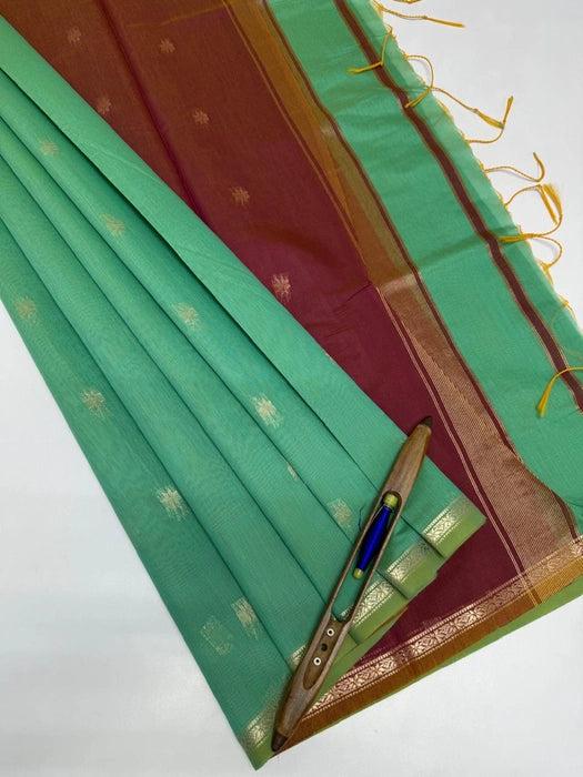 Minnera cotton saree - green color body & pink with green color pallu,blouse.