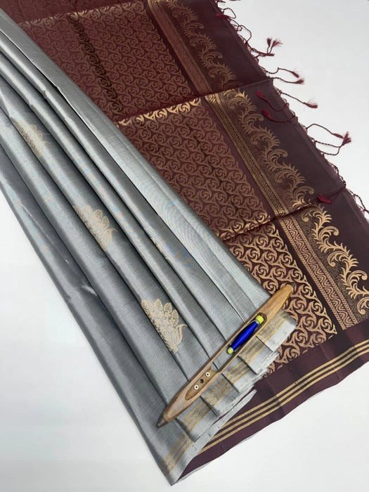 Nizhal softislk saree - grey color body & coffee brown color pallu , blouse - Pure silk saree