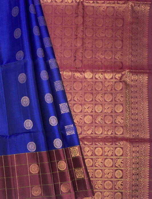 Vaish royal blue color body & wine color pallu,blouse - Pure silk saree