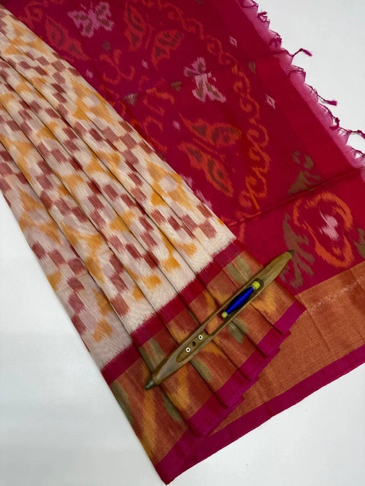 Amudha pochampally silk cotton saree half white color body & rani pink color pallu , blouse.