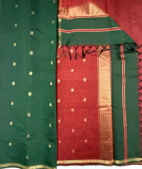 Minnerva cotton saree - bottle green color body & maroon color pallu,blouse.