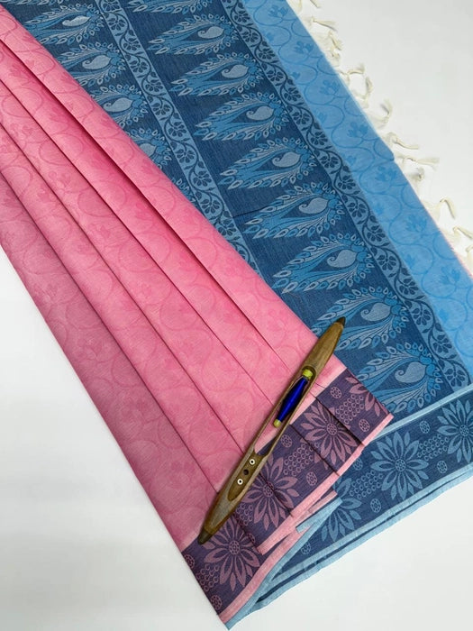 Rosa cotton saree - pink color body & sky blue color pallu,blouse.