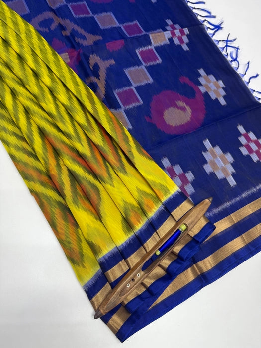 Maari pochampally silk cotton saree - bright yellow color body & royal blue color pallu , blouse.