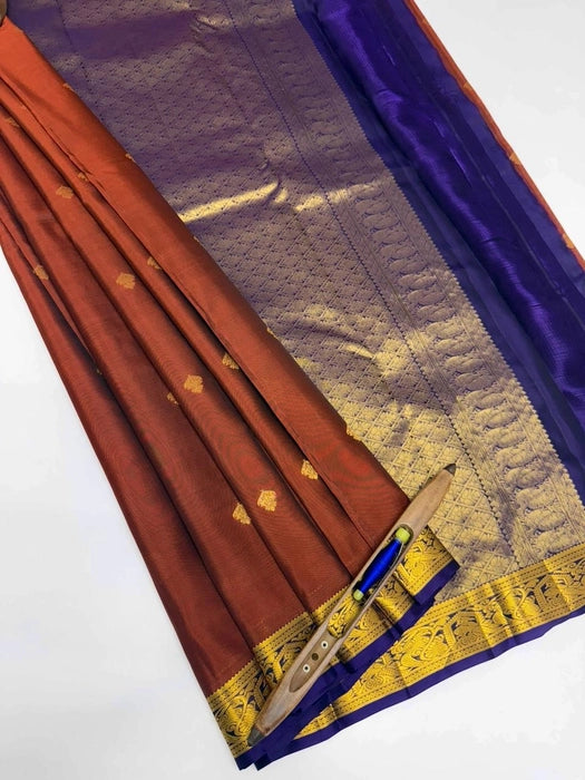 Kanvan pure mix softsilk saree - honey brown color body & violet color pallu , blouse