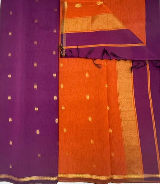 Minnerva cotton saree - purple color body & orange color pallu,blouse.