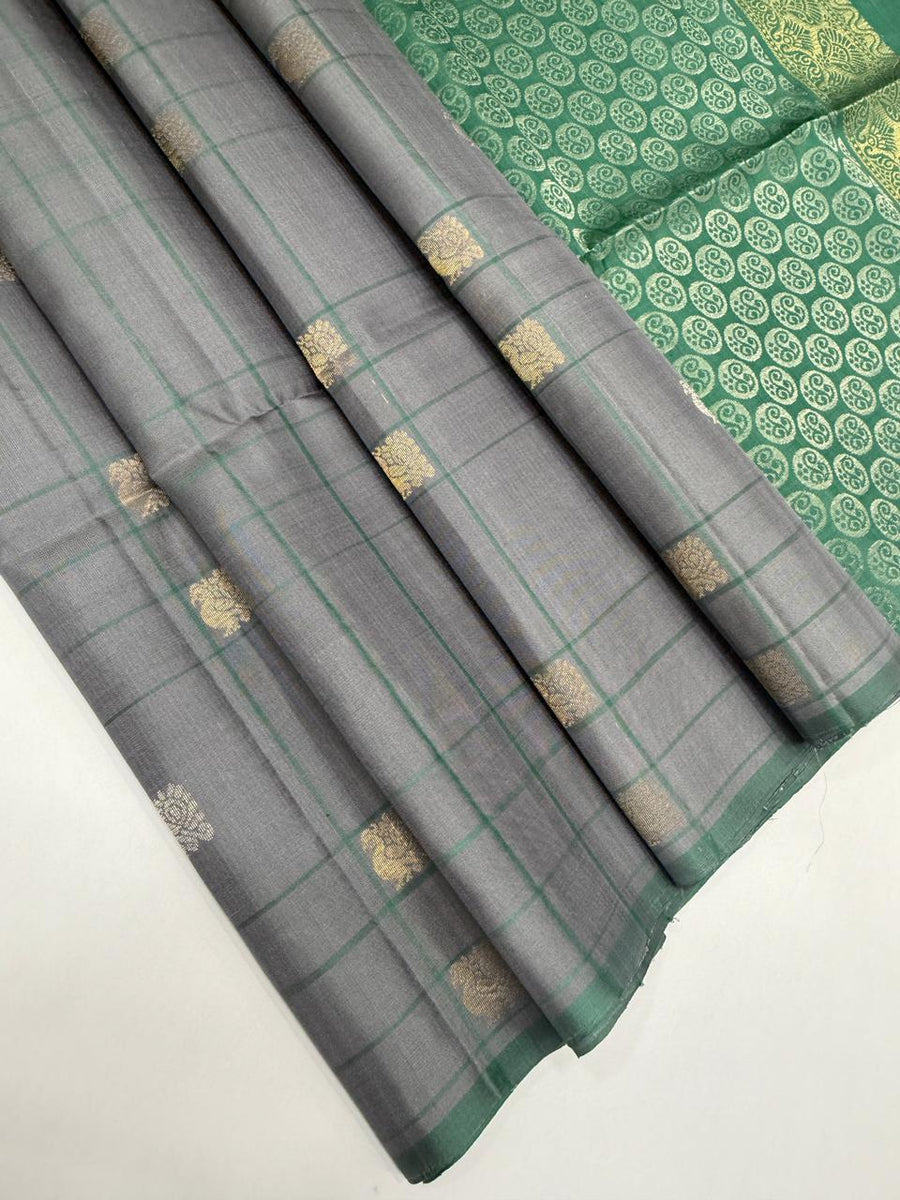 Varunika pastel grey color body & pastel green color pallu,blouse - Pure silk saree