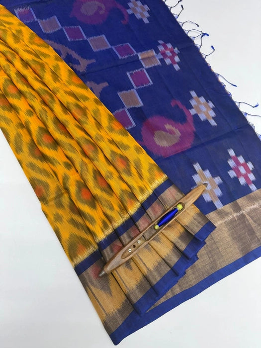 Ahalya pochampally silk cotton saree - yellow color body & ink blue color pallu , blouse.