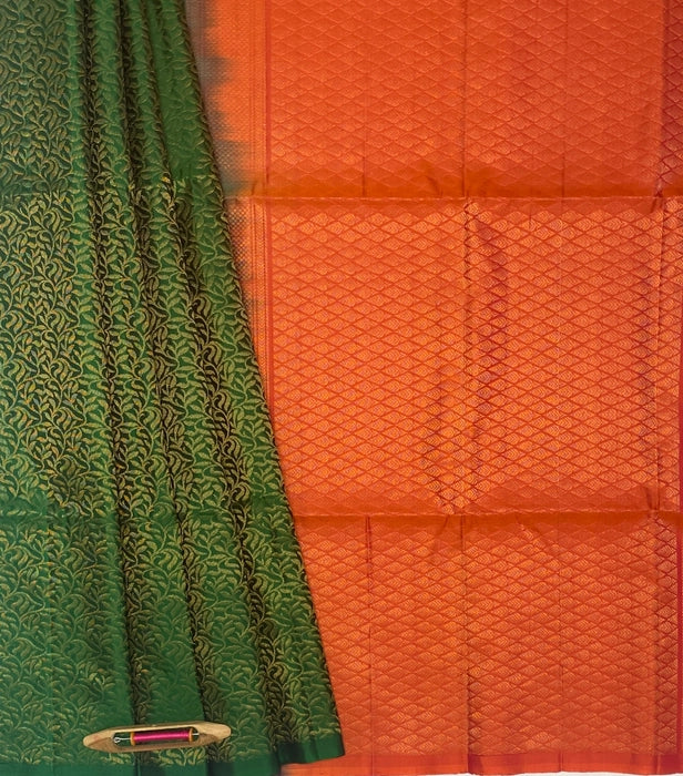 Yazhini green color body & pinkish orange color pallu , blouse pure silk saree