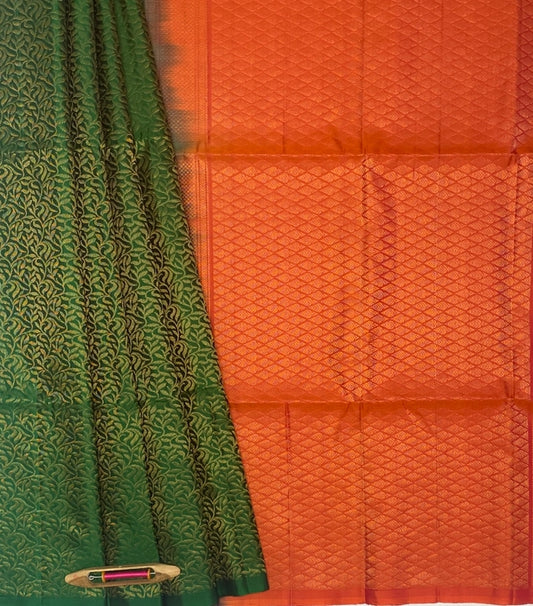 Yazhini green color body & pinkish orange color pallu , blouse pure silk saree