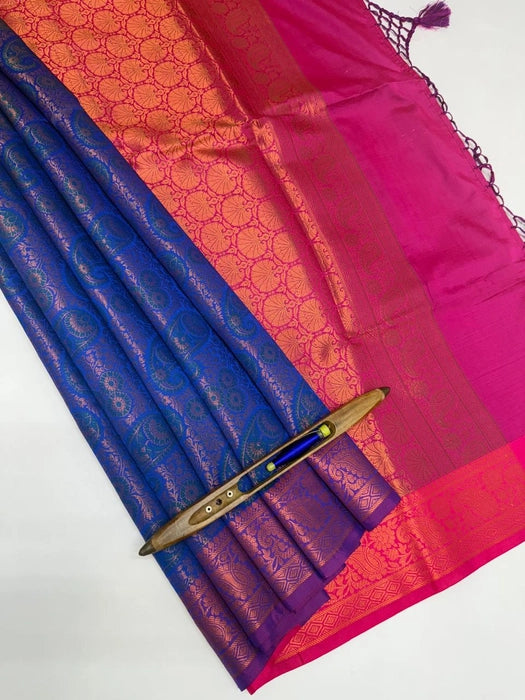 Aari art silk saree - ink blue color body & magenta color pallu , blouse.