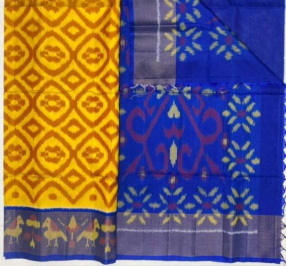 Inaaya pochampally silk saree -lemon yellow color body & royal blue color pallu , blouse - Pure silk saree