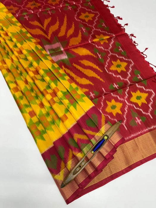 Kanaka mango yellow color body & red color pallu , blouse - Pure silk saree
