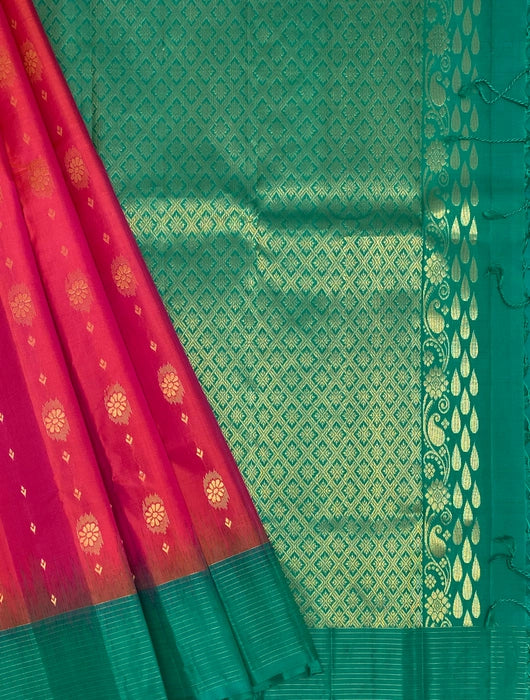Inba dark pink color body & green color pallu,blouse - Pure silk saree