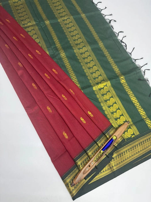 Kana cotton saree - dark maroon color body & bottle green color pallu,blouse.