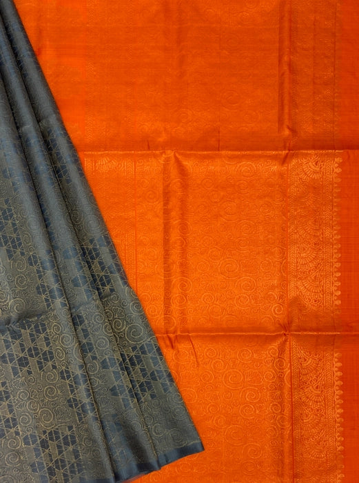 Aadhi grey color body & orange color pallu , blouse pure silk saree
