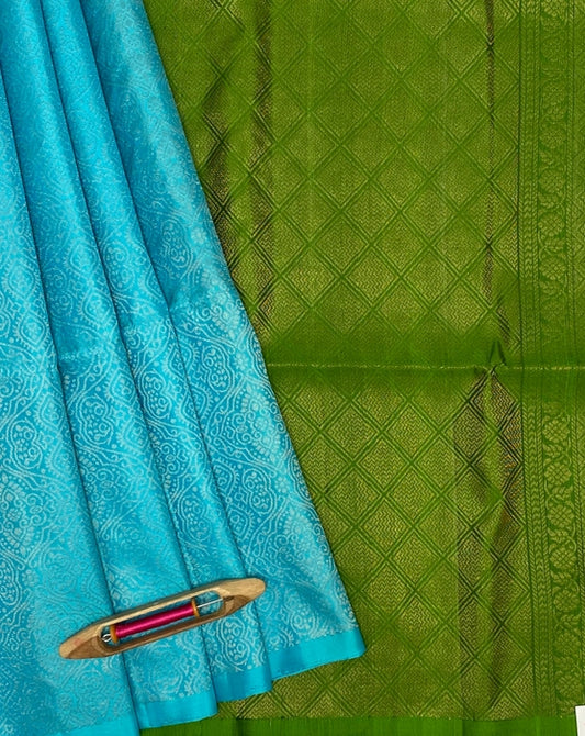 Vamika light blue color body & olive green color pallu , blouse pure silk saree