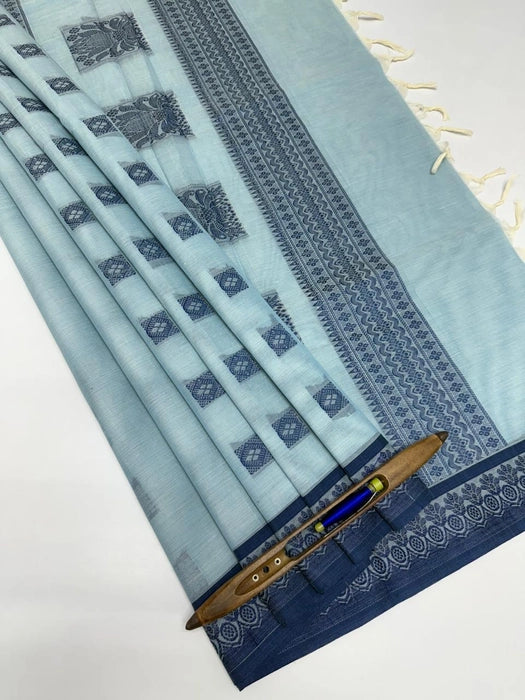 Savi cotton saree - light blue color body, pallu,blouse.