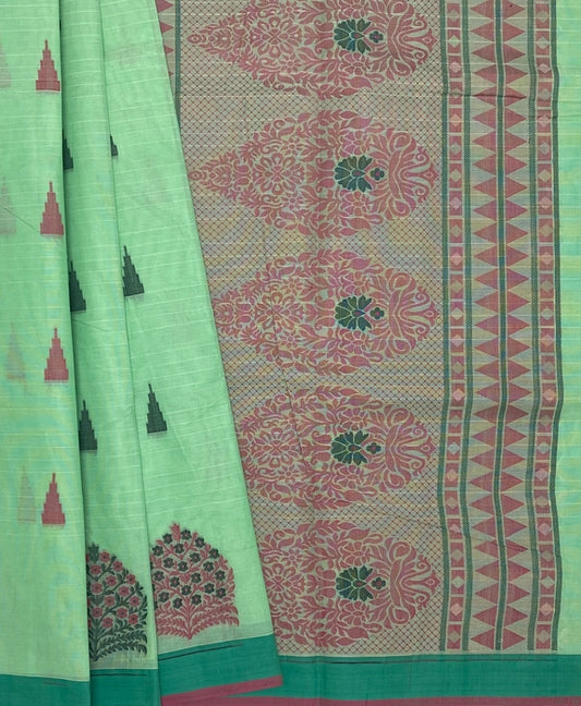 Pista cotton saree - pista green color body,pallu,blouse.