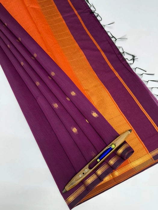 Minnerva cotton saree - purple color body & orange color pallu,blouse.