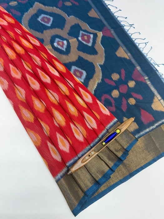 Manthara pochampally silk cotton saree - color body & peacock blue color pallu , blouse.