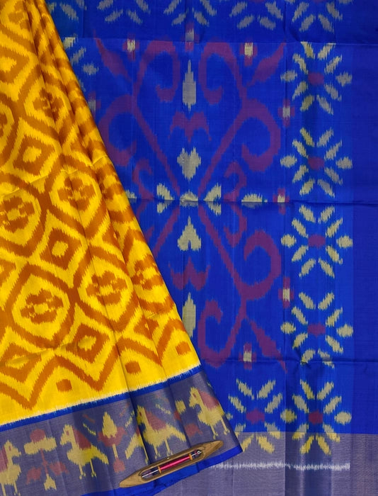 Inaaya pochampally silk saree -lemon yellow color body & royal blue color pallu , blouse - Pure silk saree