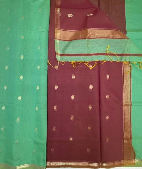 Minnera cotton saree - green color body & pink with green color pallu,blouse.