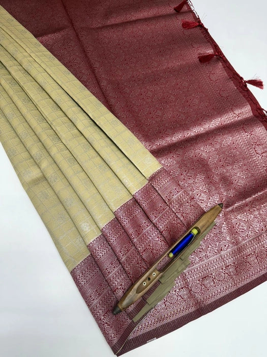 Malini art silk saree - dark sandal color body & maroon color pallu , blouse