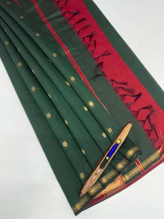 Minnerva cotton saree - bottle green color body & maroon color pallu,blouse.