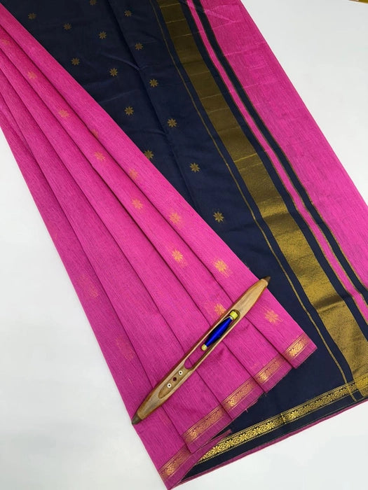Minnerva cotton saree - rani pink color body & navy blue color pallu,blouse.