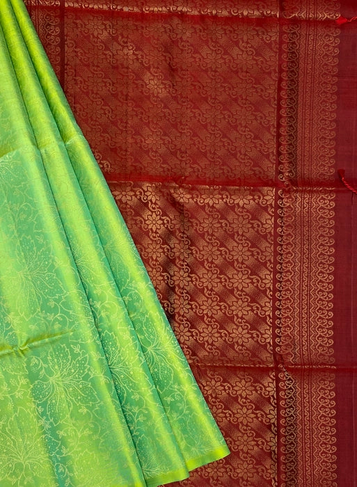Kili parrot green color body & maroon color pallu , blouse pure silk saree