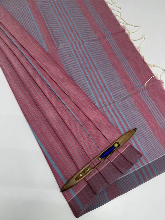 Pravi cotton saree - pink with blue color body, pallu,blouse.