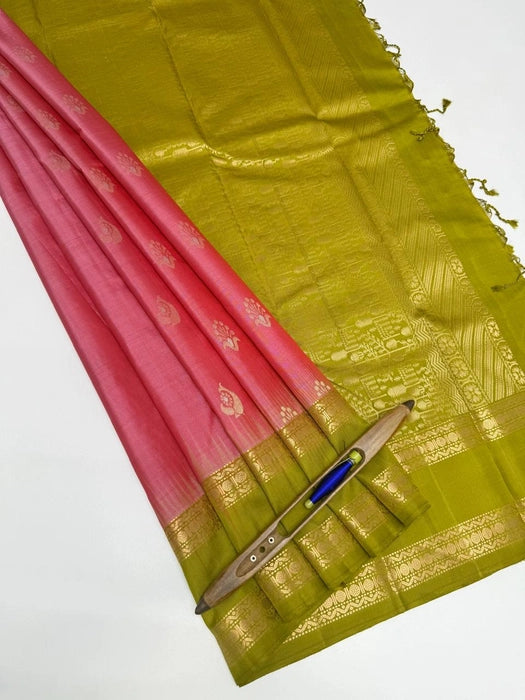 Ishavi pink color body & mehandi green color pallu,blouse - Pure silk saree