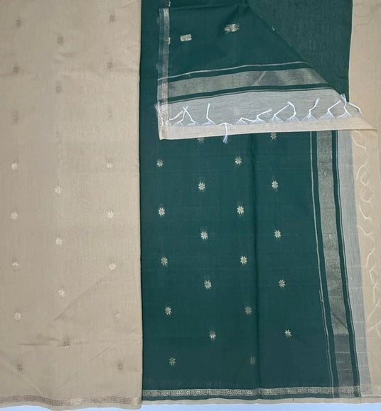Minnerva cotton saree - sandal color body & green color pallu,blouse.