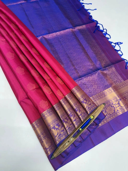 Minnal magenta color body & ink blue color pallu,blouse - Pure silk saree