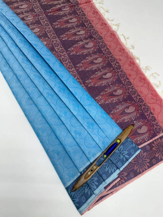 Neela cotton saree - sky blue color body & light red color pallu,blouse