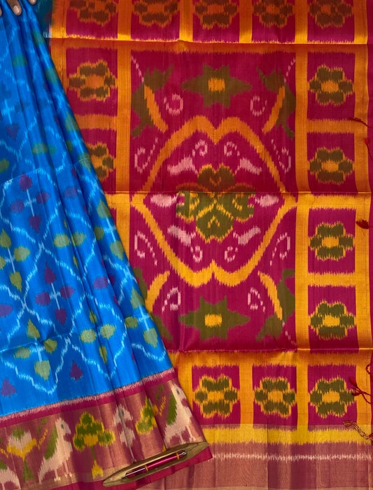 Neel Pochampally ikkat blue color body & magenta color pallu , blouse - Pure silk saree