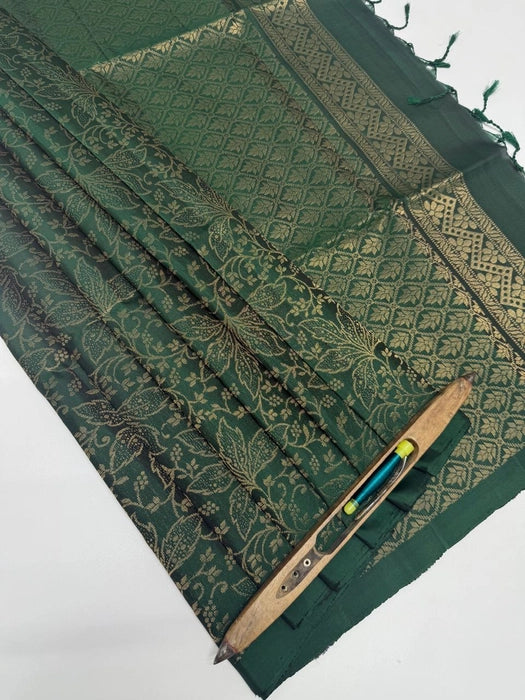 Mounam bottle green color body, pallu , blouse pure silk saree