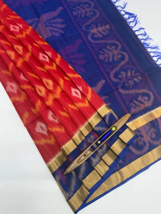 Sempoo pochampally silk cotton saree - red color body & ink blue color pallu , blouse.
